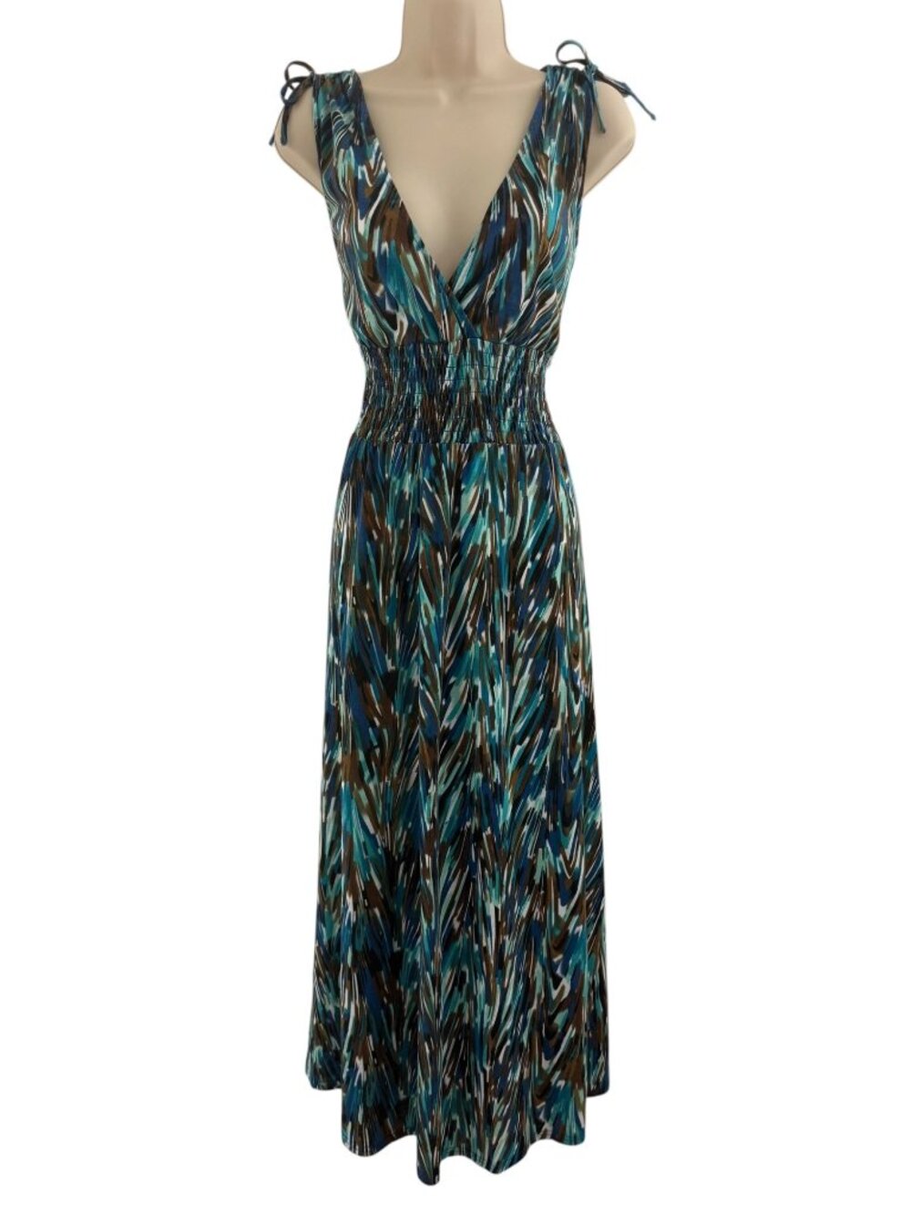 Just Love Feather Print Blue Brown Sleeveless Smocked Waist Maxi Dress Size 1X